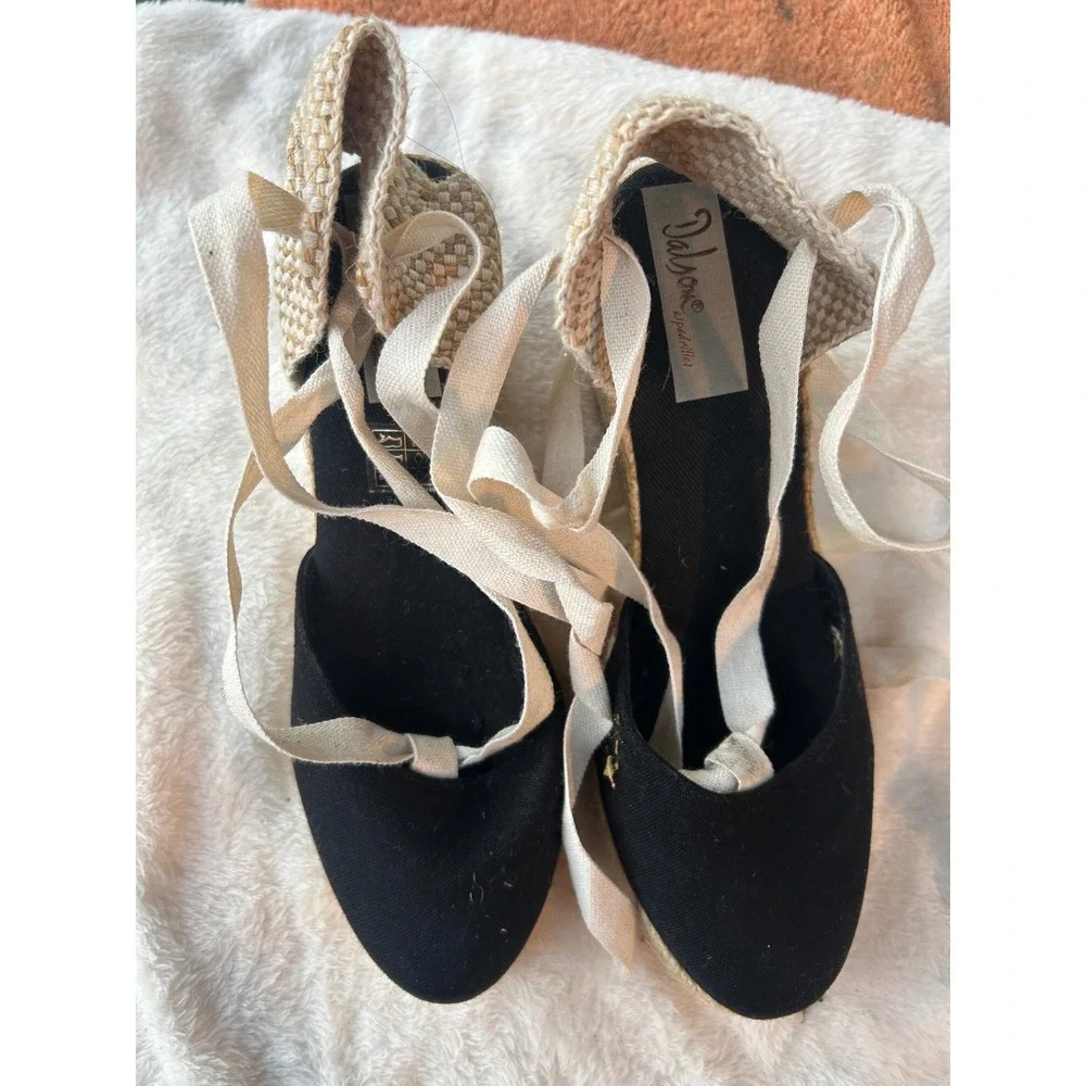 Viscata Black Canvas Espadrille Wedge Lace-Up Sandals Women's Size 7